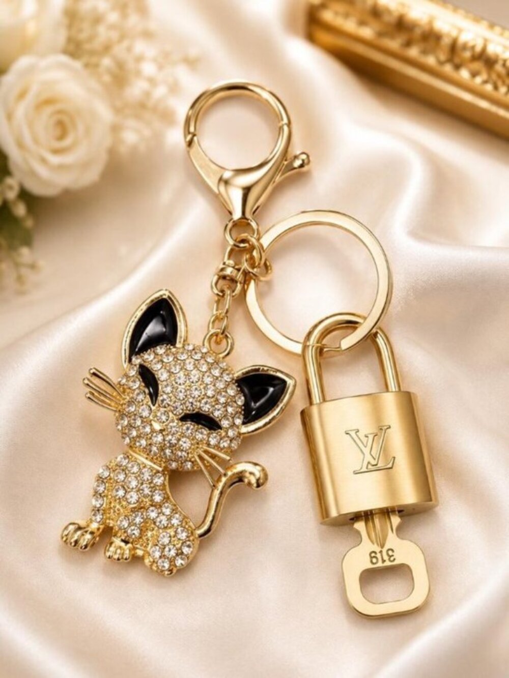Authentic LV Gold Padlock 🔒Unbranded Cat Keychain Charm for Louis Vuitton Bags